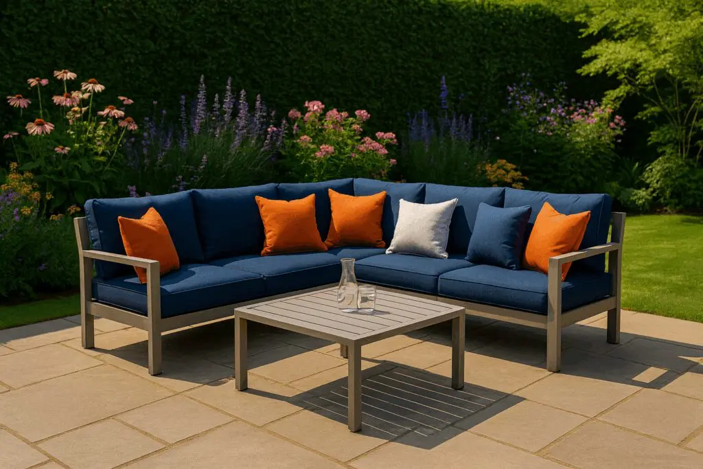 Outdoor cushions for patio set with dining table and chairs in garden