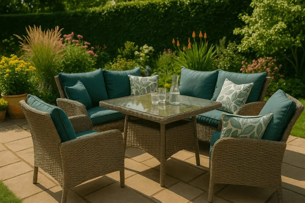 Garden chair cushions with weather resistant fabrics in vibrant colours