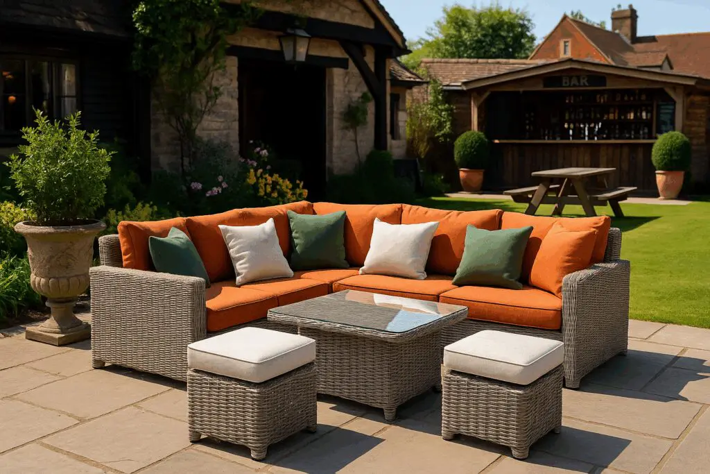 Made-to-measure patio set cushions in grey rattan furniture – custom outdoor cushion replacements UK