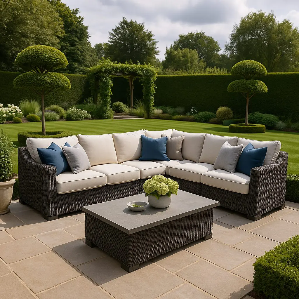 Custom patio set cushion replacements on a modern outdoor sofa set